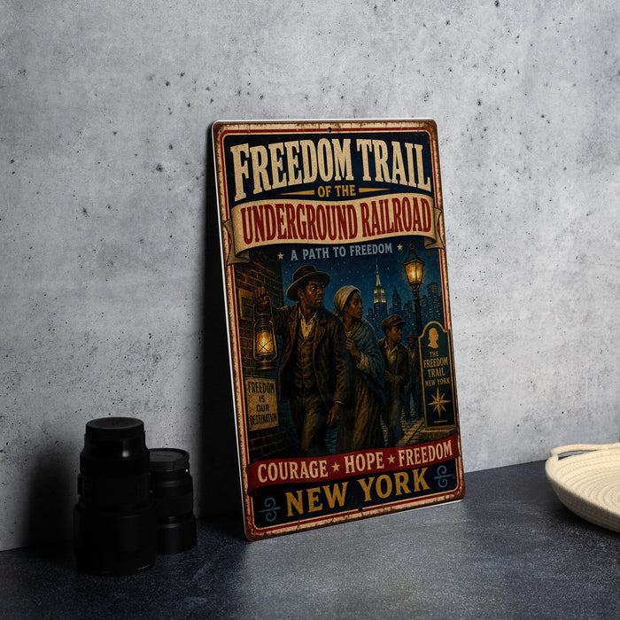 a vintage-style poster titled "Freedom Trail of the Underground Railroad" with illustrations of people on a path towards freedom.