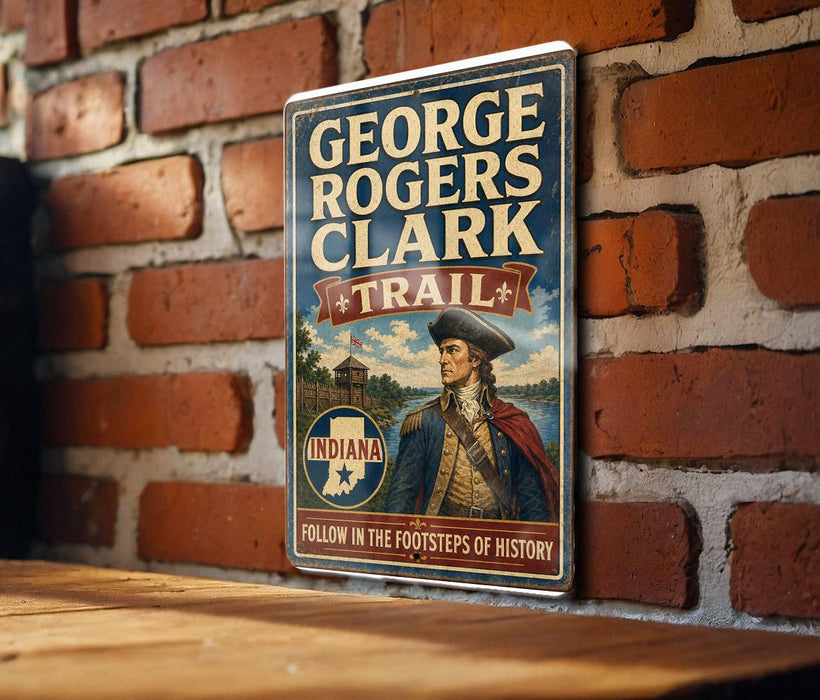 A vintage-style metal sign featuring a portrait of George Rogers Clark, the first President of the United States, mounted on a brick wall.