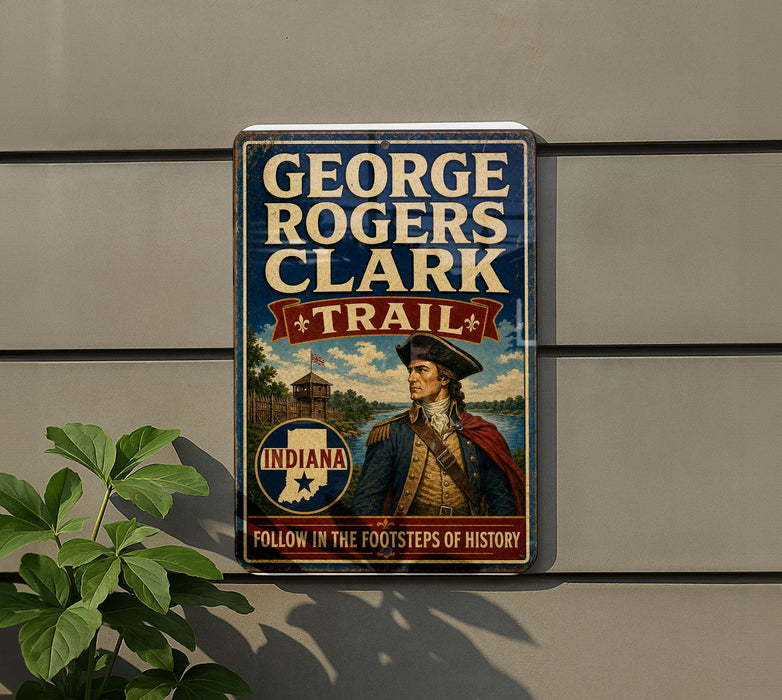A vintage metal sign with the text "GEORGE ROGERS CLARK TRAIL INDIANA FOOTSTEPS OF HISTORY" and an illustration of a man in military attire.