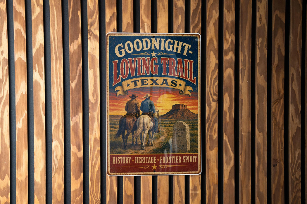 A vintage-style metal sign with the text "GOODNIGHT LOVING TRAIL TEXAS" and an illustration of two cowboys on horses, set against a backdrop of a desert landscape with a monument.
