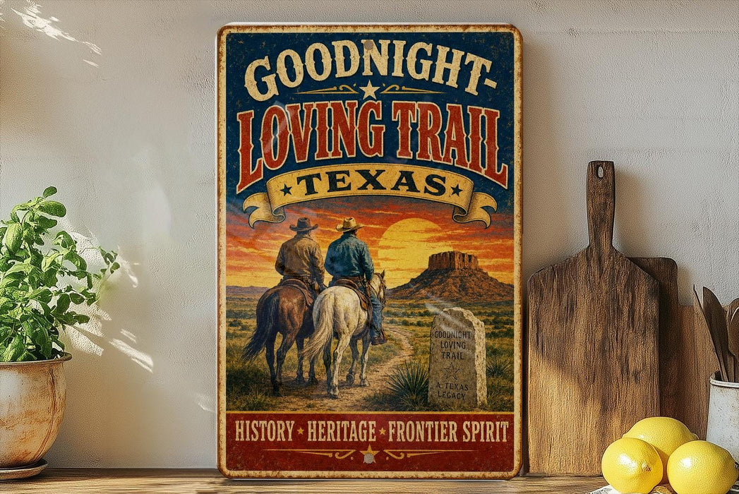 A vintage-style metal sign with a cowboy illustration and the text "Goodnight Loving Trail Texas" is displayed on a shelf next to a wooden cutting board and some lemons.
