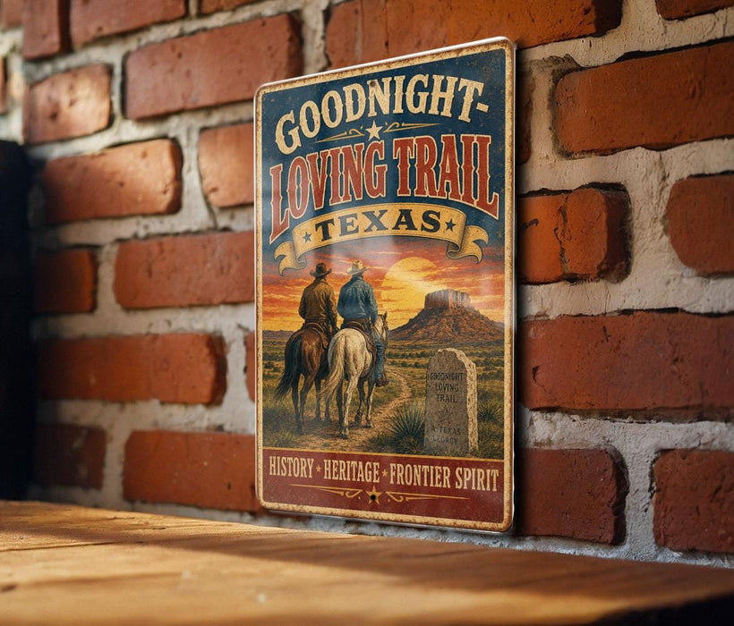 A vintage-style metal sign with the text "GOODNIGHT LOVING TRAIL TEXAS" and an illustration of two cowboys on horseback, mounted on a brick wall.