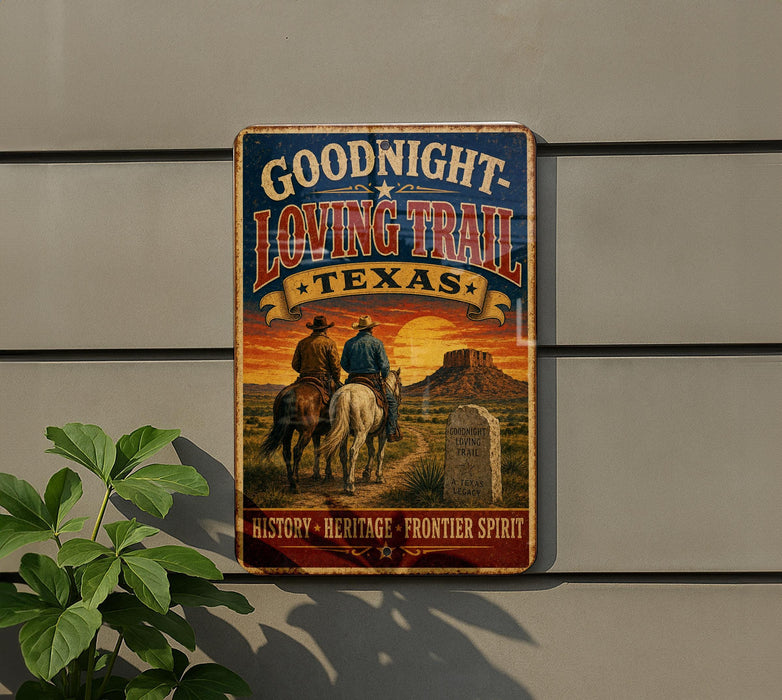 A vintage-style metal sign with a cowboy and a horse, mounted on a wall, with a plant to the left.