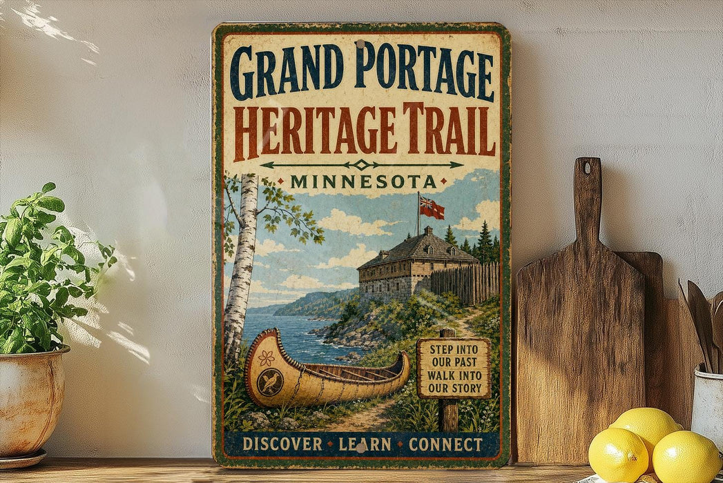 A vintage-style metal sign for the Grand Portage Heritage Trail in Minnesota, featuring a canoe and a castle, is displayed on a shelf next to a wooden cutting board and some lemons.