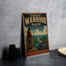 A vintage-style metal sign for "Great Warrior Path" in Virginia, featuring a Native American figure holding a spear and standing on a cliff overlooking a river.