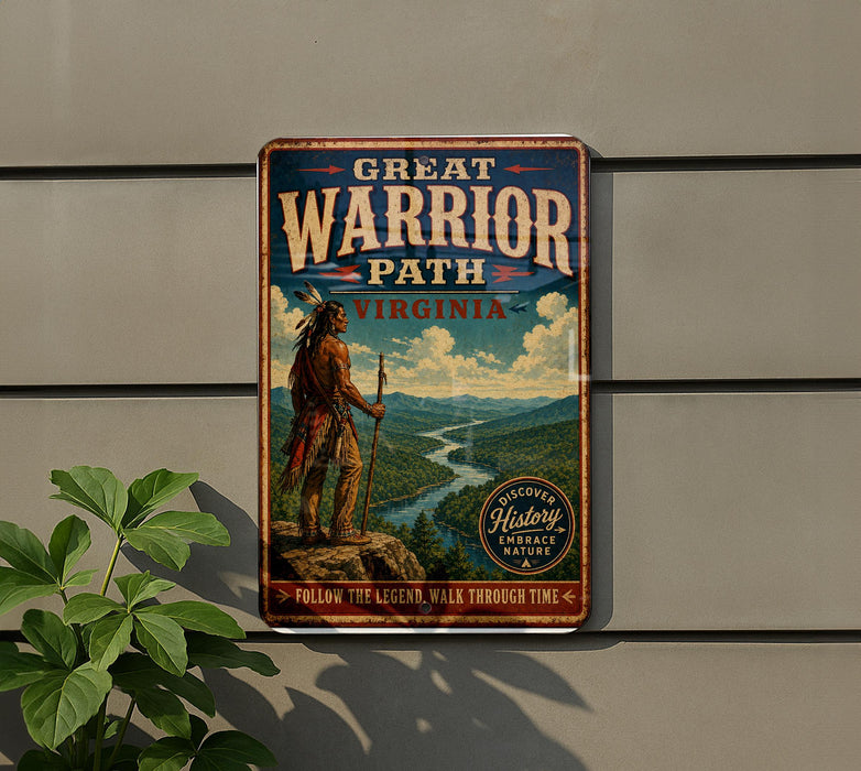 A vintage-style metal sign with a Native American figure standing on a cliff overlooking a river, promoting the Great Warrior Path in Virginia.