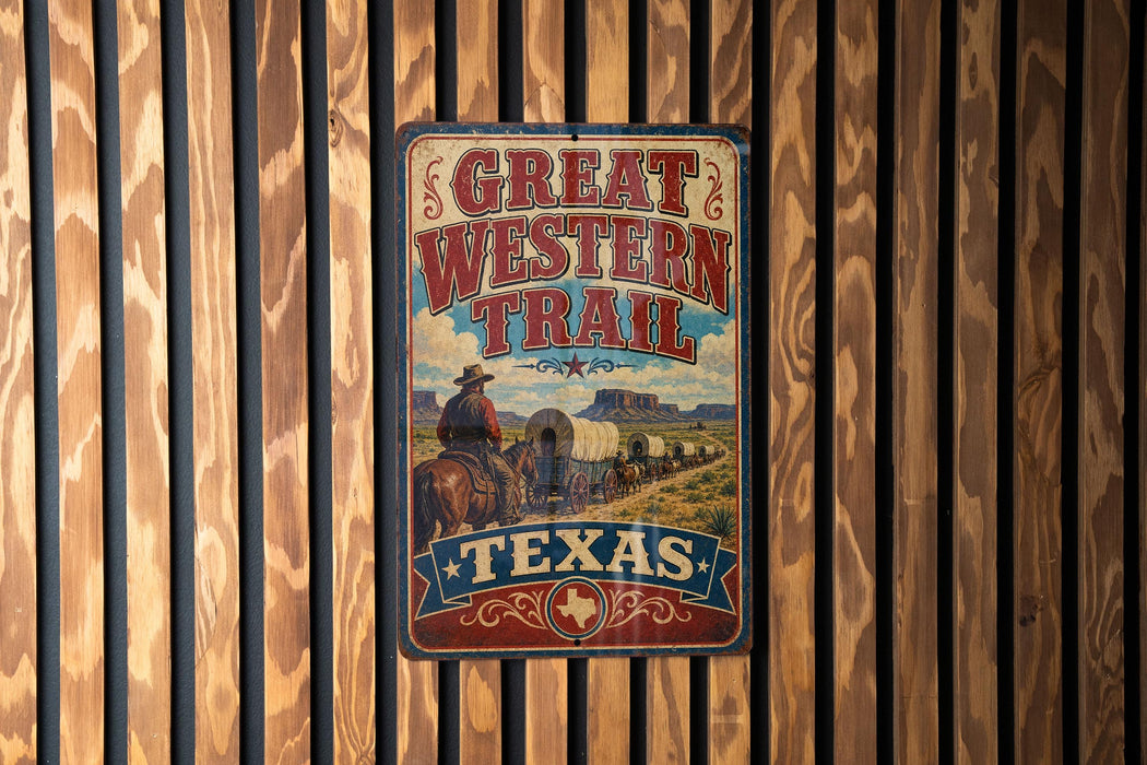 A vintage-style metal sign with the text "GREAT WESTERN TRAIL TEXAS" is displayed on a wooden wall.