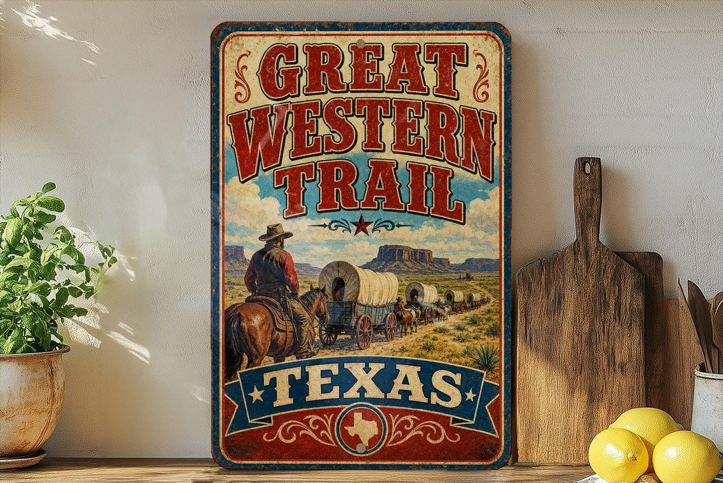 A vintage-style sign for the Great Western Trail in Texas, featuring a cowboy riding a horse and wagon, with a desert landscape in the background.