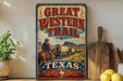 A vintage-style sign for the Great Western Trail in Texas, featuring a cowboy riding a horse and wagon, with a desert landscape in the background.