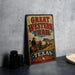 A vintage-style sign for the Great Western Trail in Texas, featuring a cowboy riding a covered wagon.