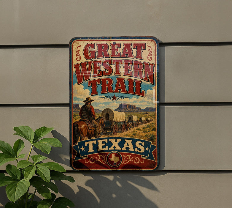 A vintage-style metal sign that reads "GREAT WESTERN TRAIL TEXAS" with an illustration of a cowboy on a horse and wagon.