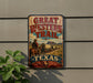 A vintage-style metal sign that reads "GREAT WESTERN TRAIL TEXAS" with an illustration of a cowboy on a horse and wagon.