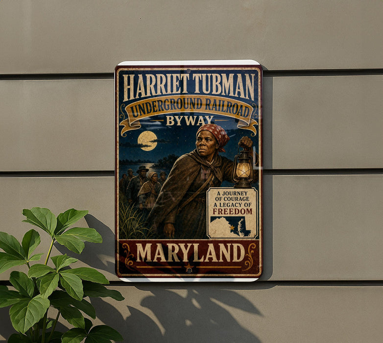 A vintage-style metal sign with the title "Harriet Tubman Underground Railroad by way" and an illustration of a woman holding a lantern. The sign is mounted on a wall, and there is a plant to the left of the sign.