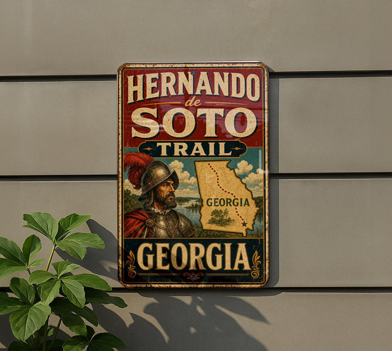 A vintage-style metal sign with the text "HERNANDO de SOTO TRAIL GEORGIA" and a map of Georgia, mounted on a wall.