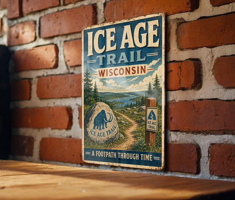 A vintage-style sign for the Ice Age Trail in Wisconsin, featuring a scenic illustration of a trail surrounded by nature.