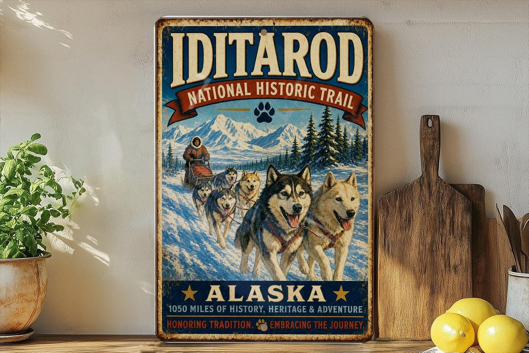 A vintage-style metal sign for the Iditarod National Historic Trail in Alaska, featuring a sled dog team in a snowy landscape.