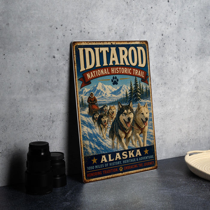 A vintage-style metal sign for the Iditarod National Historic Trail in Alaska, featuring a sled dog team and a snowy mountain landscape.