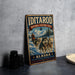 A vintage-style metal sign for the Iditarod National Historic Trail in Alaska, featuring a sled dog team and a snowy mountain landscape.