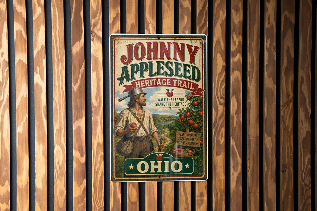 A vintage-style sign for Johnny Appleseed's Heritage Trail in Ohio, featuring an illustration of a man holding an apple and a sign that says "WALK THE LEGEND SHARE THE HERITAGE".