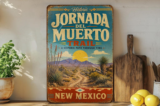 A vintage-style metal sign for the Jornada del Muerto Trail in New Mexico, featuring a desert landscape with mountains and a sun in the background.