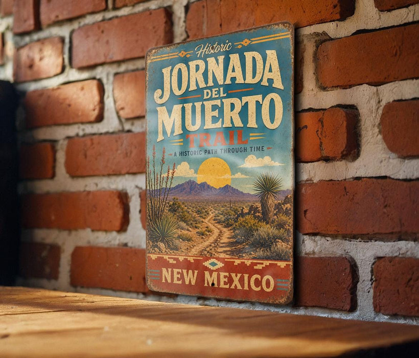 A vintage-style metal sign with the text "JORNADA DEL MUEURTO TRAIL" is displayed on a brick wall, indicating a historic path through New Mexico.
