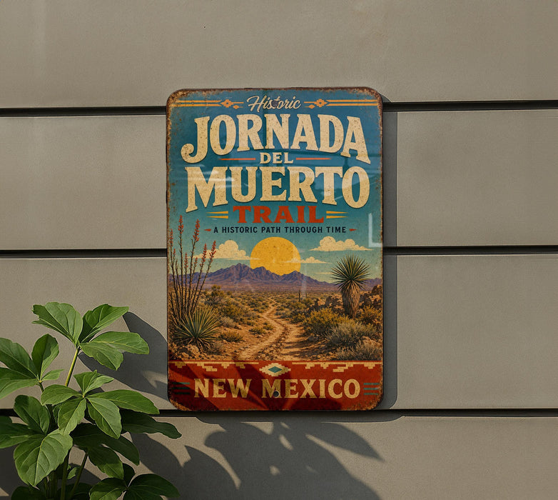 A vintage-style metal sign for the Jornada del Muerto Trail in New Mexico, featuring a desert landscape with a trail and mountains in the background.