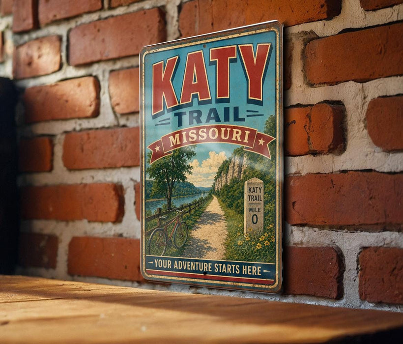 A vintage-style metal sign for the Katy Trail in Missouri, featuring a scenic illustration of a path surrounded by nature.