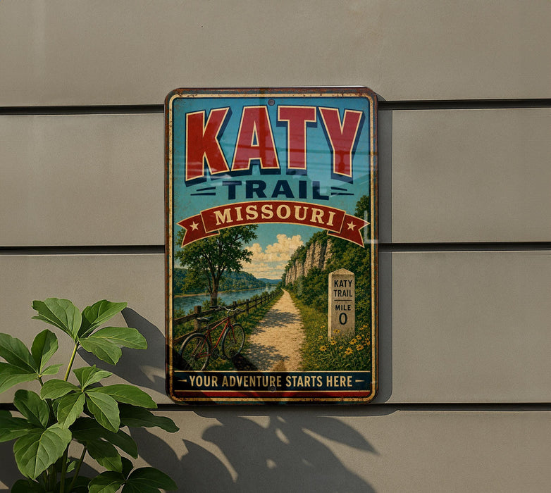A vintage-style metal sign for the Katy Trail in Missouri, featuring a scenic illustration of a path surrounded by nature.