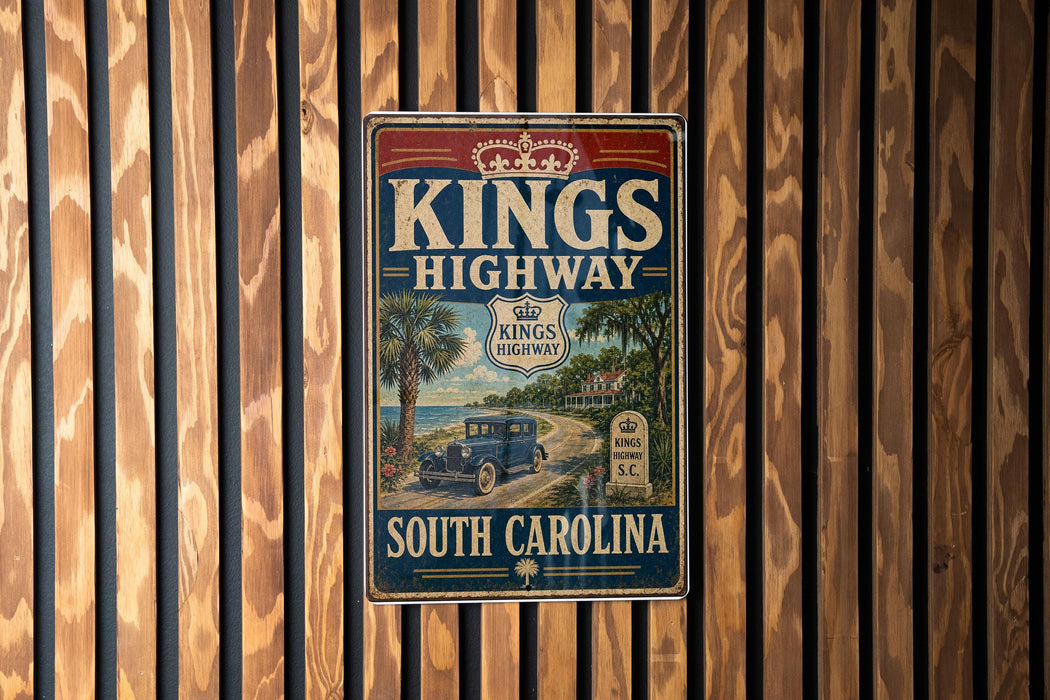A vintage-style sign for Kings Highway, a South Carolina highway, mounted on a wooden wall.
