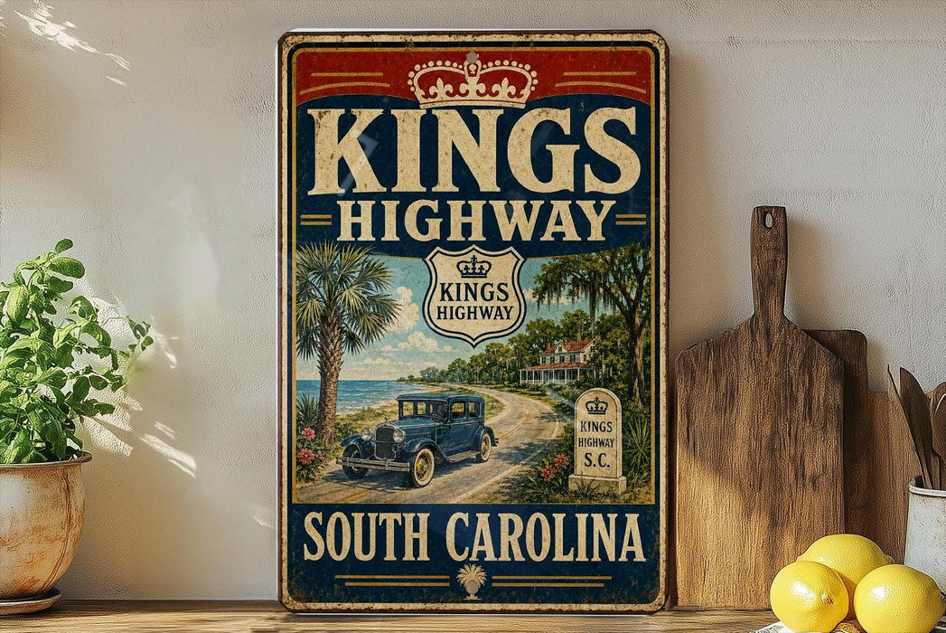 A vintage-style sign for Kings Highway in South Carolina, featuring a car driving on a road surrounded by palm trees and a beach.