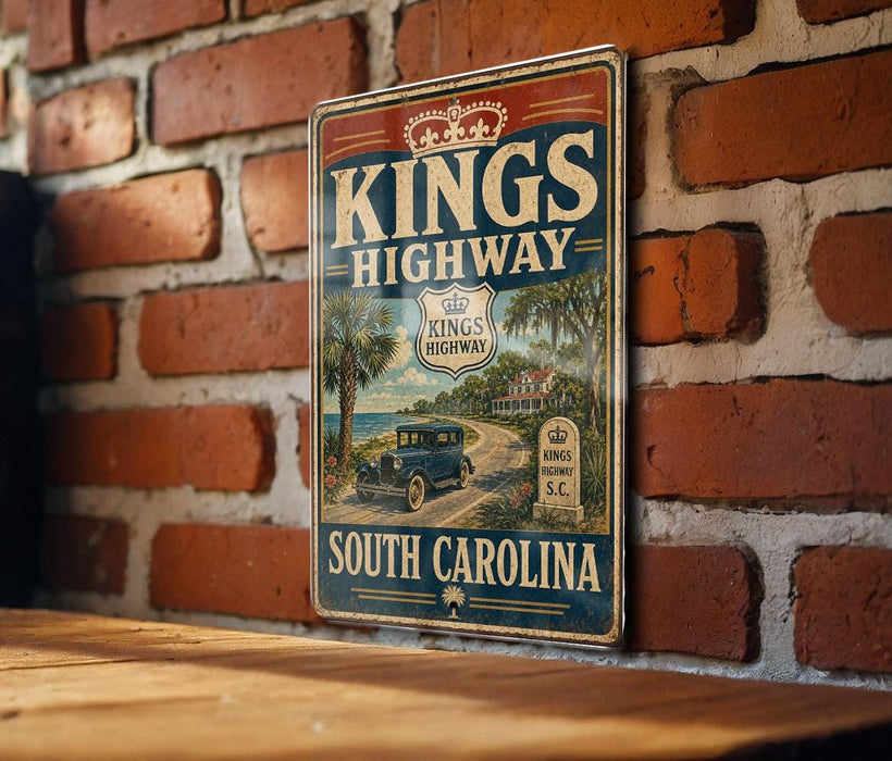 A vintage-style sign for Kings Highway in South Carolina, featuring a car and palm trees, mounted on a brick wall.