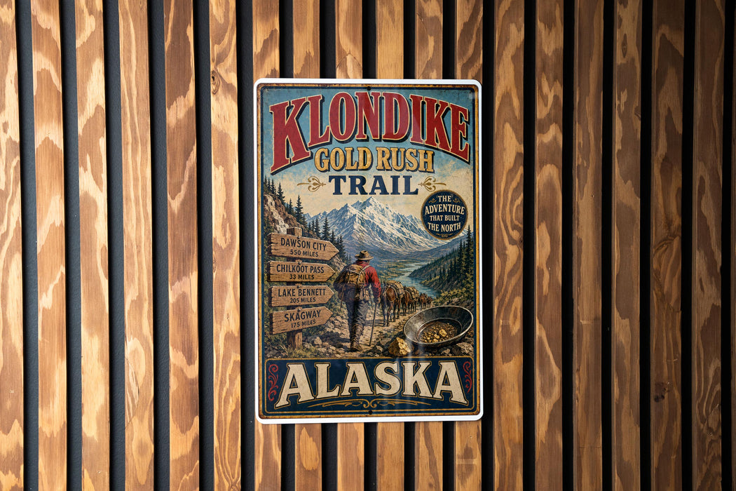 A vintage-style metal sign for Klondike Gold Rush Trail in Alaska, featuring a mountain landscape and a person in a red jacket.