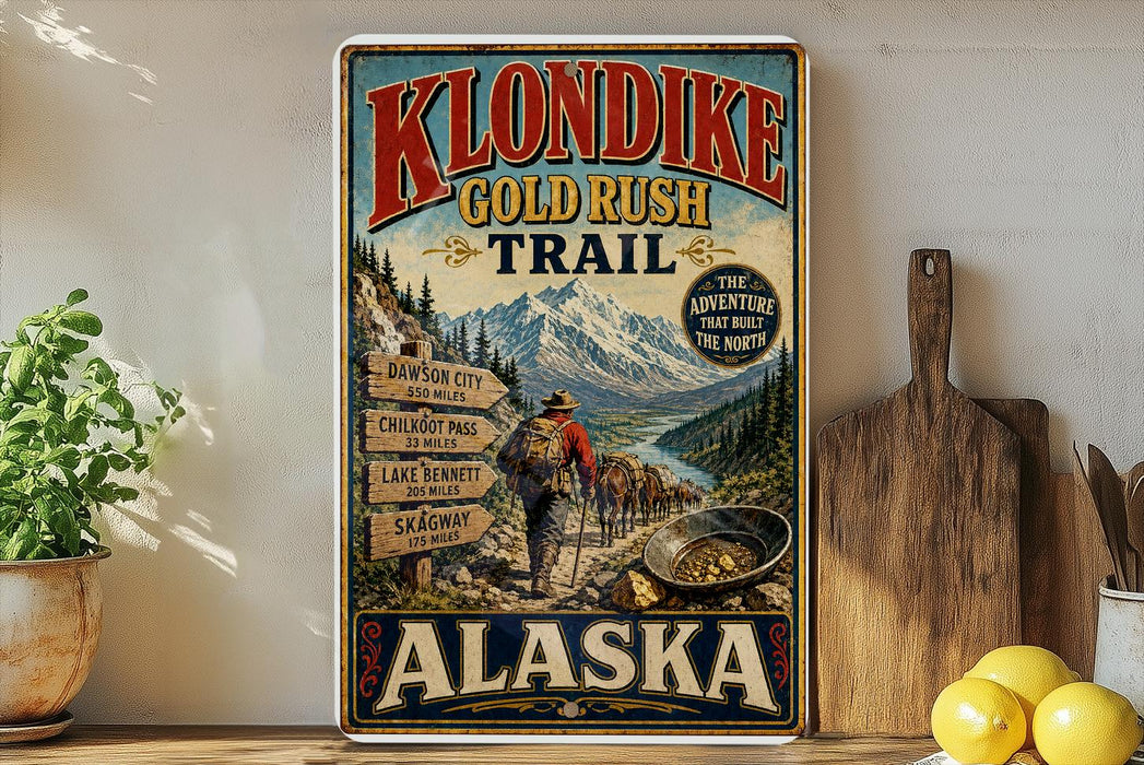A vintage-style poster advertising Klondike Gold Rush Trail in Alaska, featuring a mountain landscape and a person hiking.