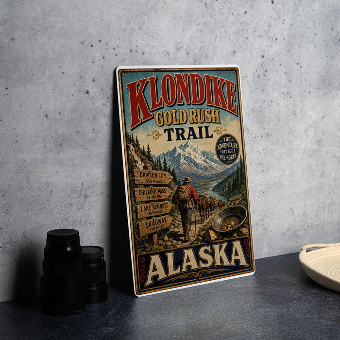 A vintage-style poster advertising Klondike Gold Rush Trail in Alaska, featuring a man hiking along a trail with mountains in the background.