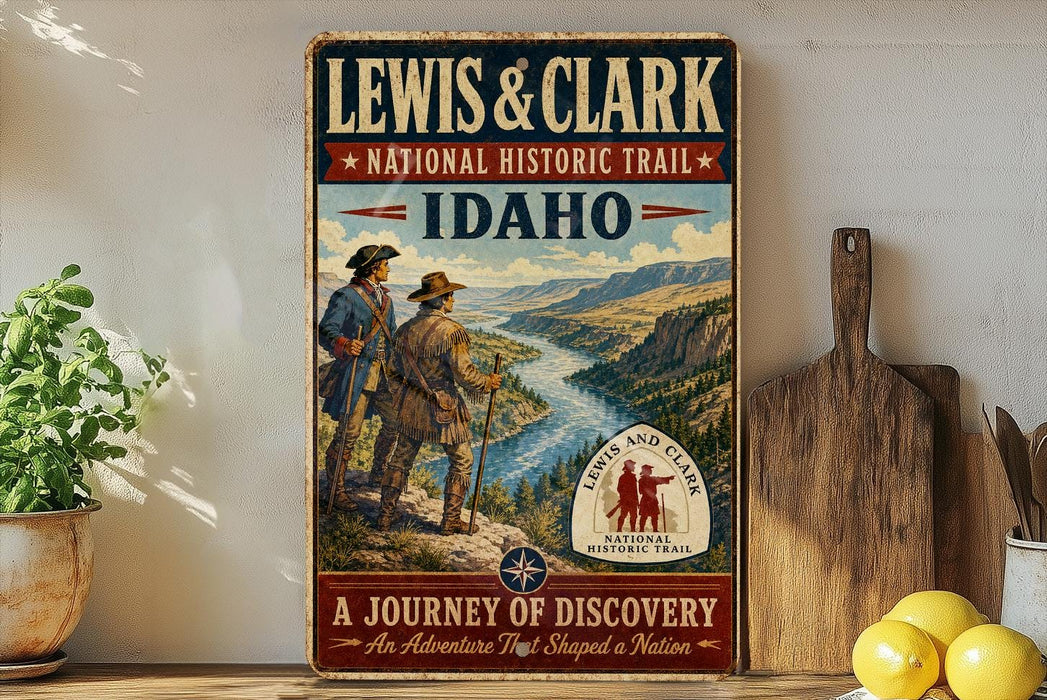 A vintage-style metal sign for the Lewis and Clark National Historic Trail in Idaho, featuring two figures in period clothing and a scenic landscape.