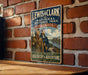 A vintage-style metal sign for the Lewis & Clark National Historic Trail in Illinois, featuring two men in historical attire and a scenic illustration of the trail.
