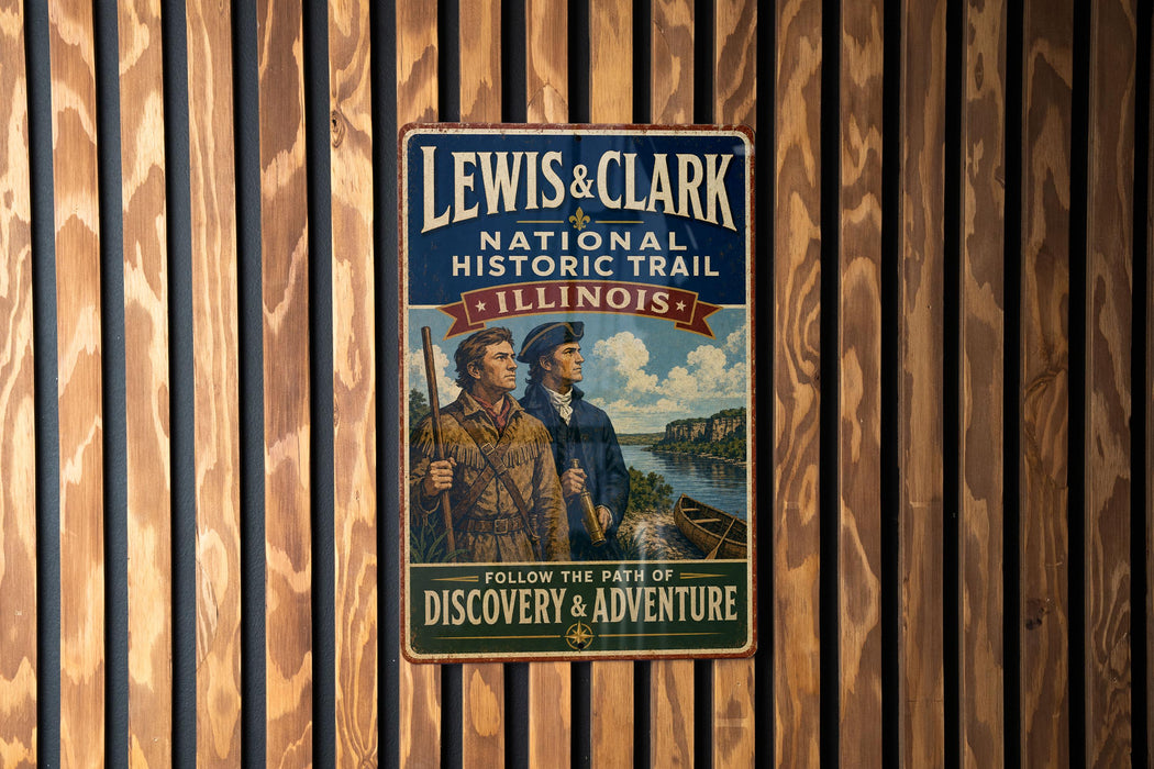 A vintage metal sign for the Lewis & Clark National Historic Trail in Illinois, featuring a couple in period clothing and a canoe, mounted on a wooden wall.
