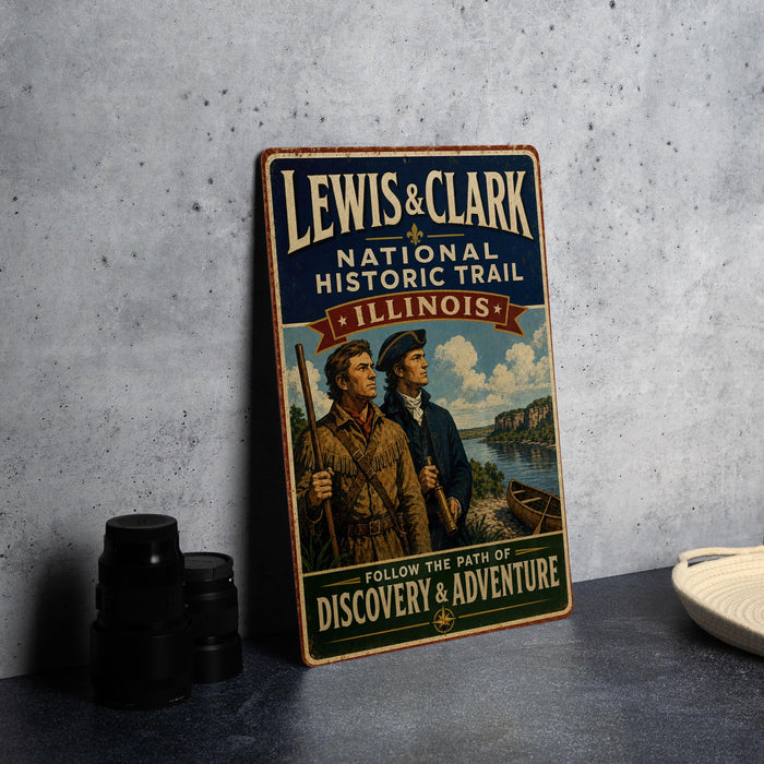 A vintage-style metal sign for the Lewis & Clark National Historic Trail in Illinois, featuring two men in period clothing and a scenic illustration of the trail.