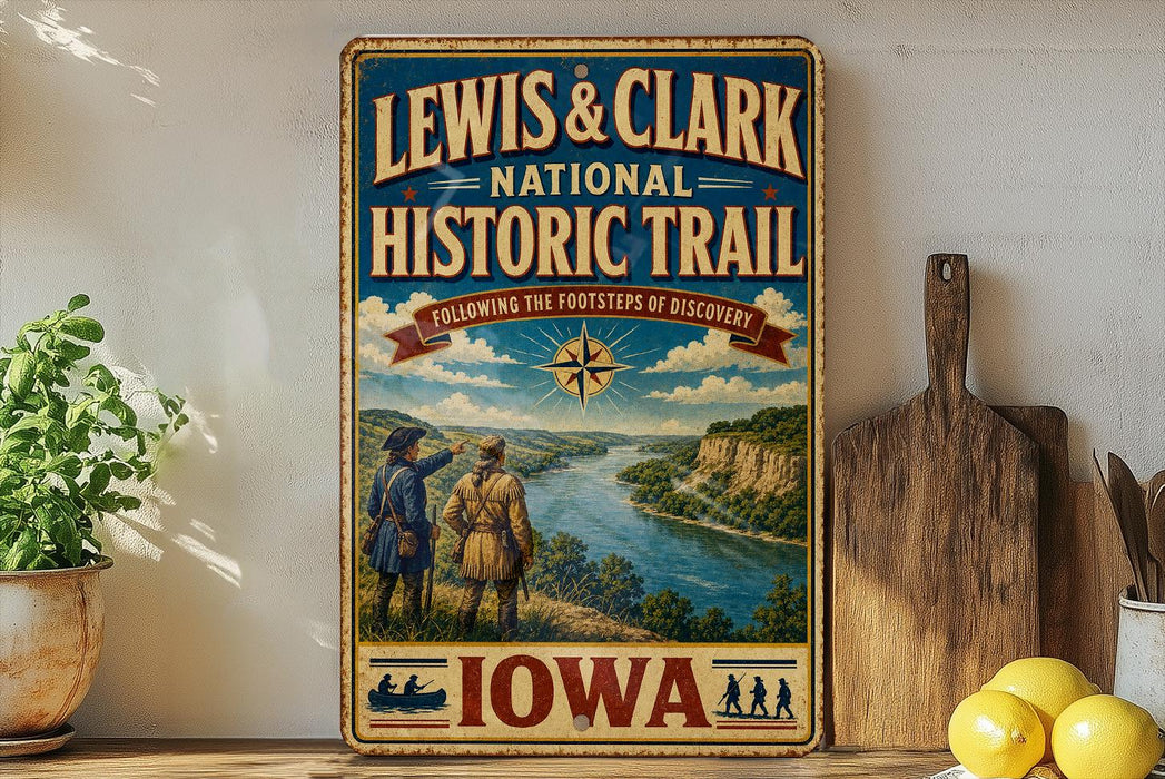 A vintage-style metal sign for Lewis & Clark National Historic Trail, featuring illustrations of two hikers and a scenic landscape.