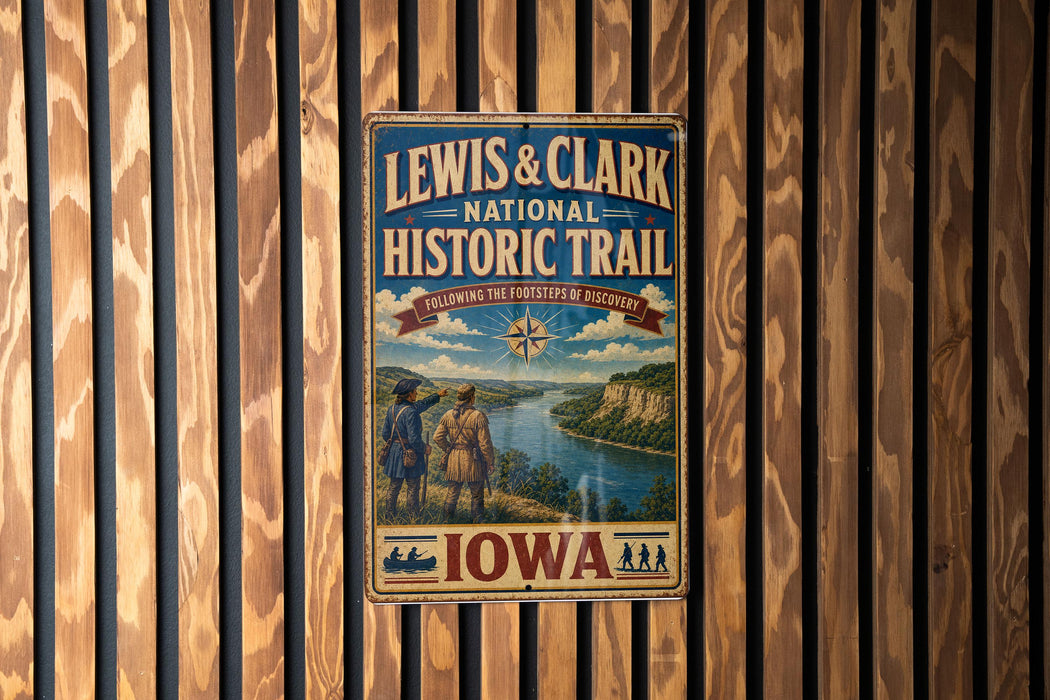 A vintage-style metal sign for the Lewis & Clark National Historic Trail, featuring a scenic illustration of a river and two figures in period clothing.