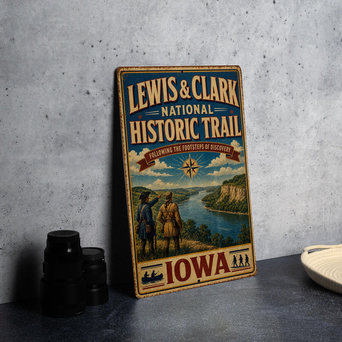 A vintage-style metal sign for the Lewis & Clark National Historic Trail, featuring a scenic illustration of a river and mountains with two figures in the foreground.