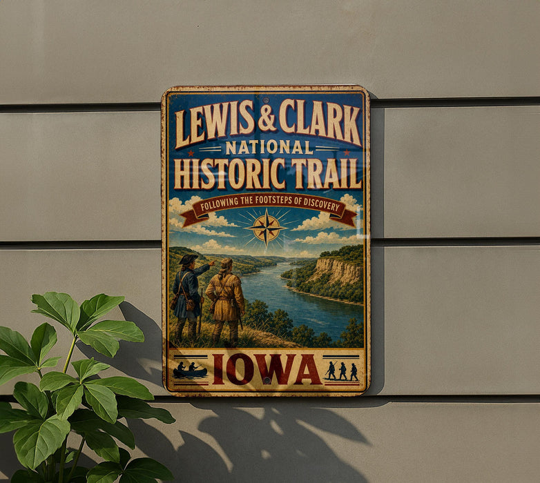 A metal sign for the Lewis and Clark National Historic Trail, featuring a scenic illustration of the trail and a compass rose.