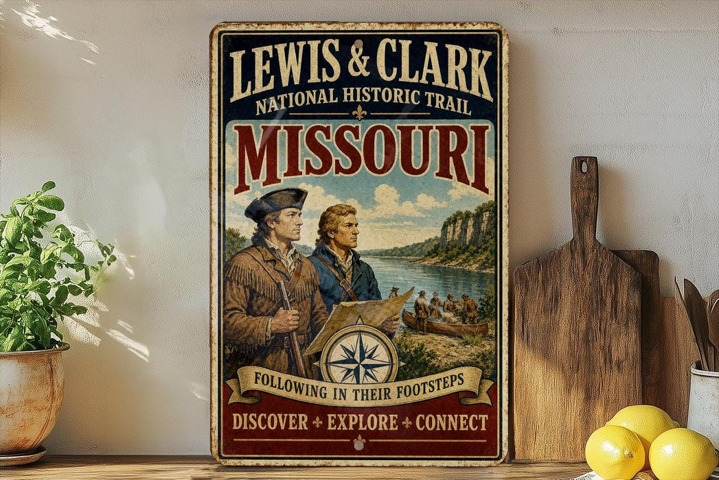 A vintage-style metal sign for the Lewis & Clark National Historic Trail in Missouri, featuring an illustration of two men in period clothing and a compass, with the text "Following in their footsteps" and "Discover + Explore + Connect".