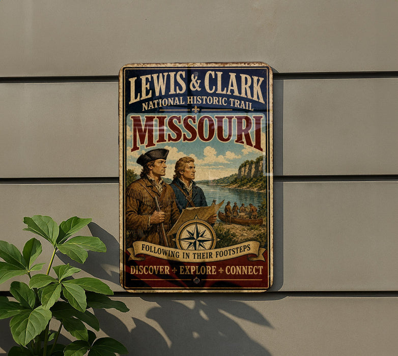 A vintage-style metal sign for the Lewis & Clark National Historic Trail in Missouri, featuring an illustration of two men exploring a river with a compass.