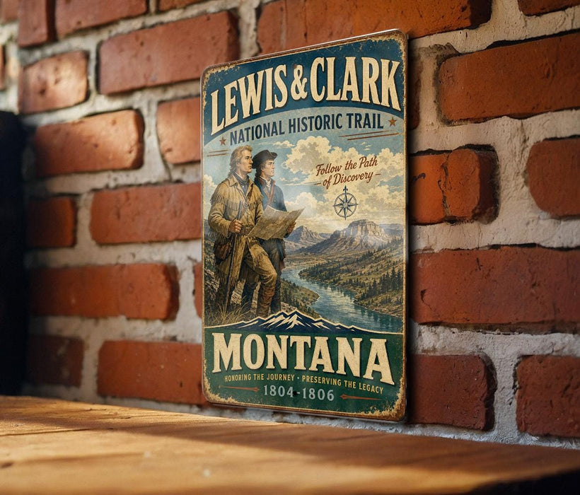 A vintage metal sign for the Lewis & Clark National Historic Trail in Montana, featuring two men on a mountain trail with a scenic landscape in the background.