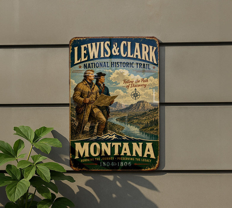 A vintage metal sign for the Lewis & Clark National Historic Trail in Montana, featuring two men on a journey along the trail.