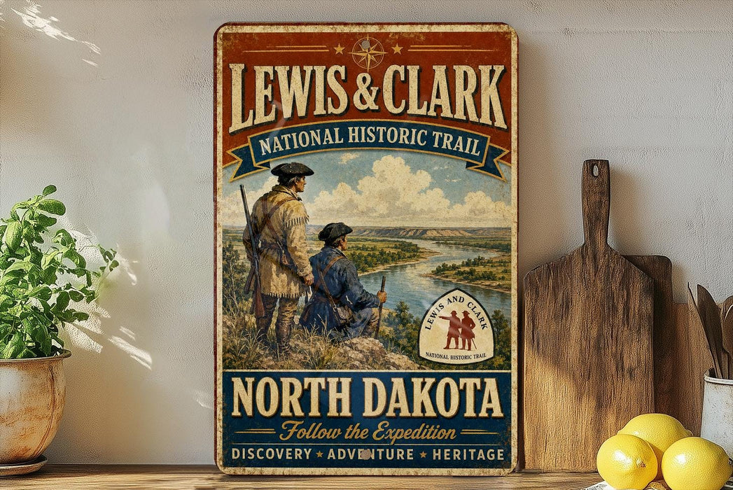A vintage-style metal sign for the Lewis & Clark National Historic Trail, featuring two figures in historical attire standing on a cliff overlooking a river.