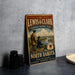 A vintage metal sign for the Lewis & Clark National Historic Trail, featuring a scenic illustration of two men in historical attire standing on a riverbank.