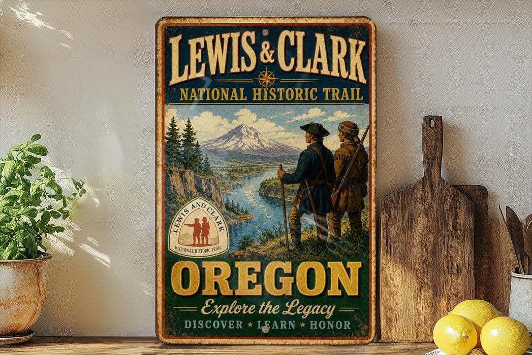 A vintage-style metal sign for the Lewis & Clark National Historic Trail in Oregon, featuring two figures in historical attire and a scenic landscape.