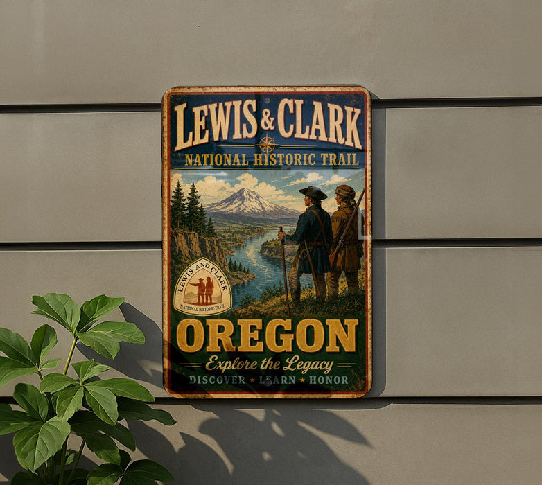 A vintage-style metal sign for the Lewis and Clark National Historic Trail, featuring a scenic landscape with a mountain and two figures in the foreground.